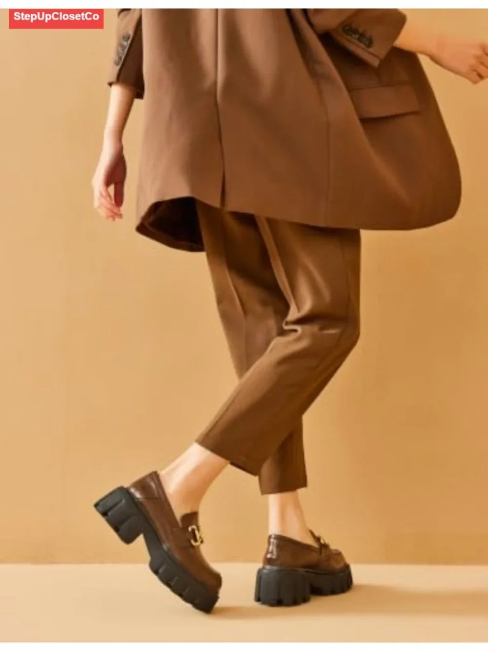 Women's Chunky Platform Loafers Leather Slip On Lug Sole Business Casual Shoes